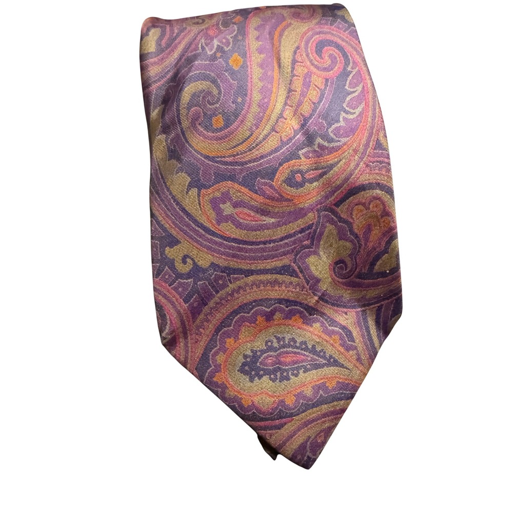 Paco Rabanne Paris Mens Silk Paisley Tie Purple Gold Hand Made Italy designer